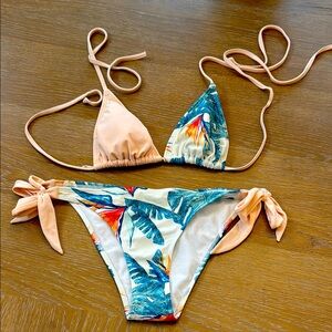 ROXY Women's Bikini Top size L Bottom size S Tropical Print Side Ties Triangle